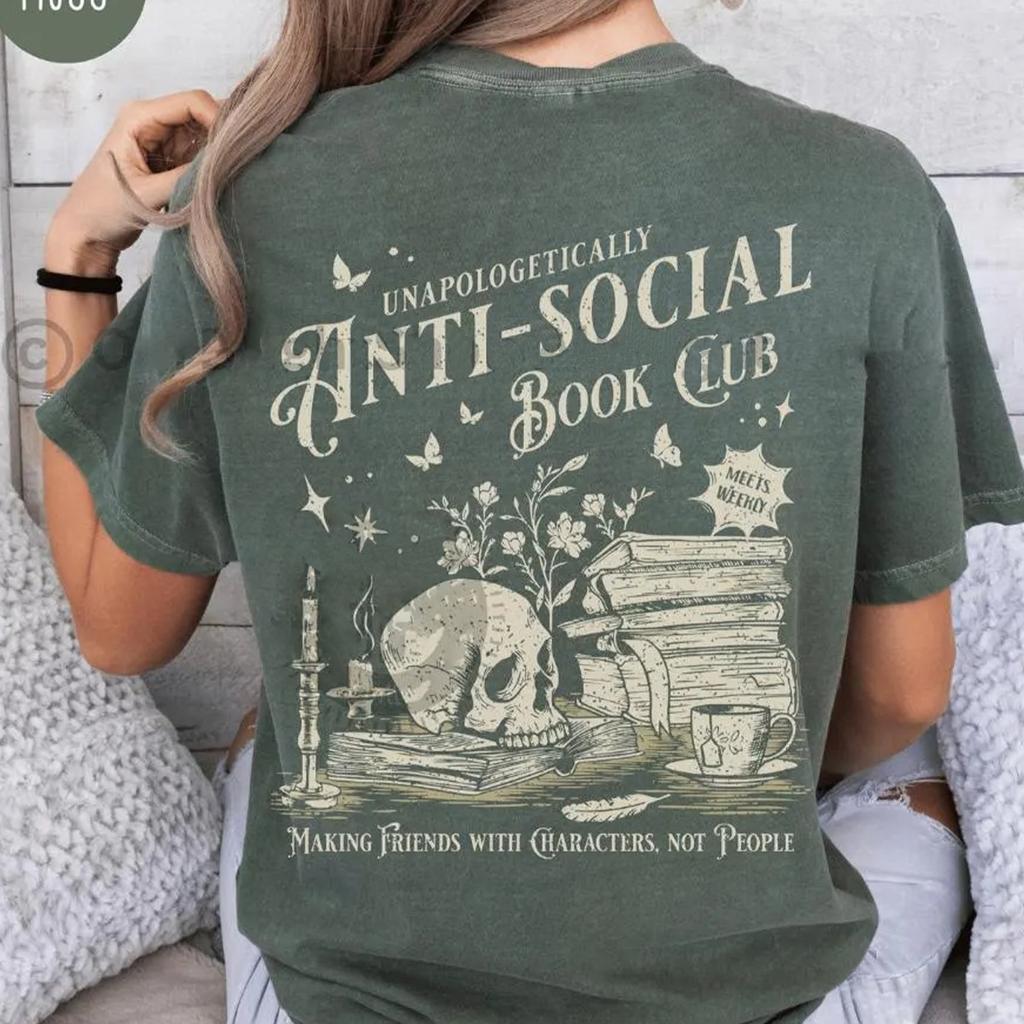Vintage Antisocial Book Club 2 Sided Comfort TShirt for Introverted RoUnisexce Reader Distressed Tee Trendy Casual Streetwear