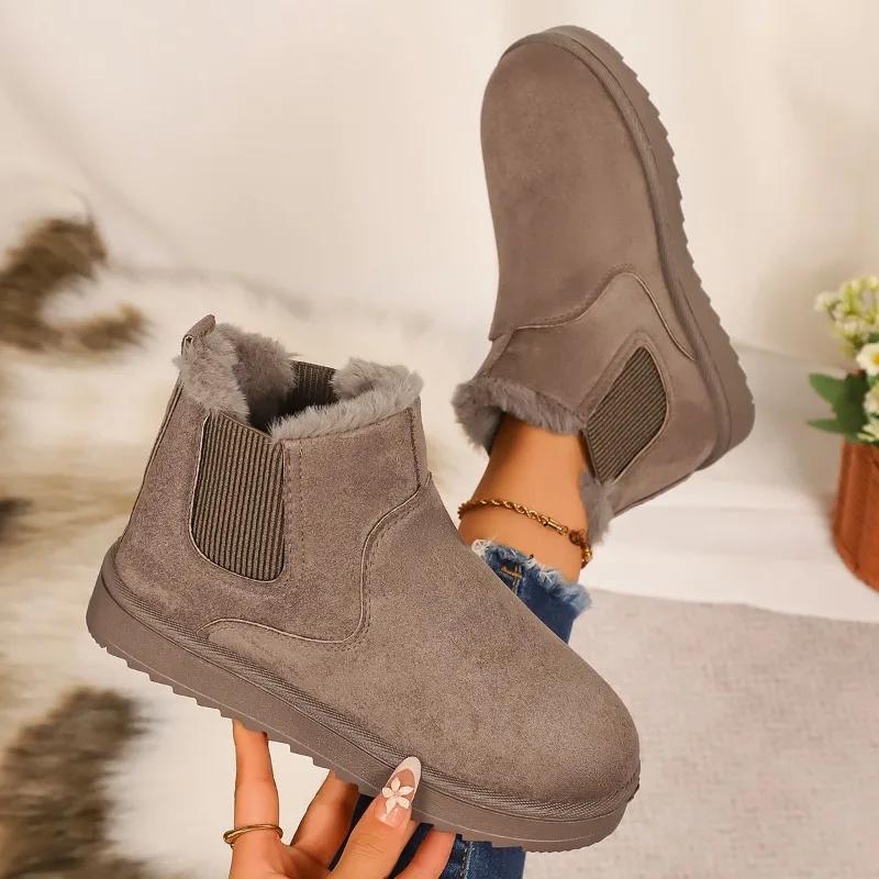 2025 New Winter Women Short Plush Warm Snow Boots Flats Platform Casual Shoes Suede Fur Chelsea Ankle Boots Zapatos De Mujer