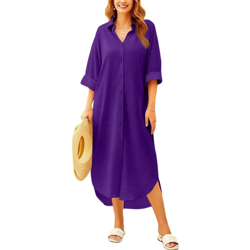 Loose Fit Mid-Length Shirt Dress Women Long Sleeve Button Down Shirt Dress Casual Collared Shirt Dress with Roll-Up Sleeves