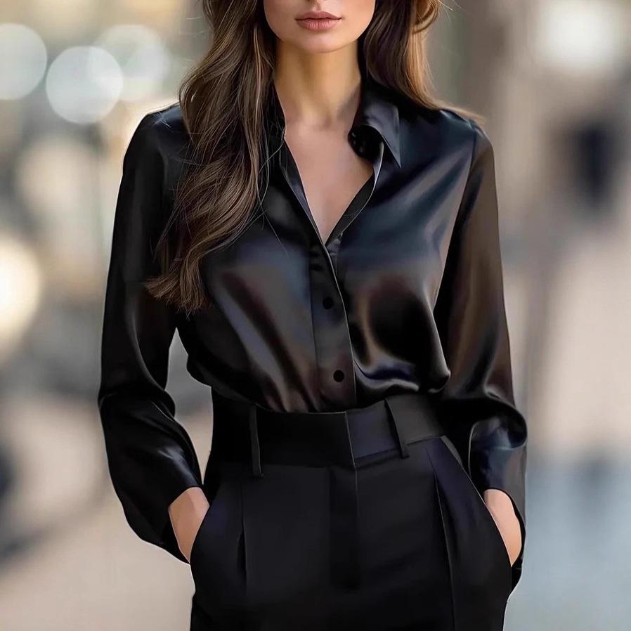 European and American temperament commuter long-sleeved shirt women's autumn POLO collar polyester cardigan