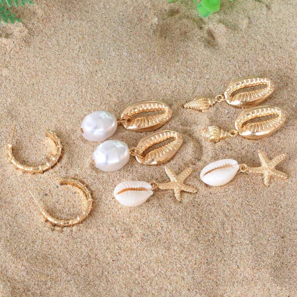 4pcs Bohemia Shell Starfish Dangle Earring Set For Women Summer Beach Pearl Conch Drop Geometric Earring Girls Fashion Jewelry