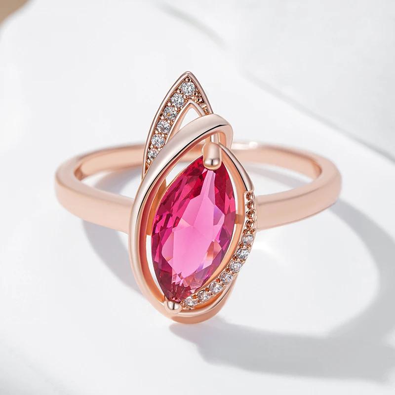 Elegant Geometric Design Pink Zircon Rings Glossy Golden Micro Inlay White Zircon Women Rings Wedding Party Costume Jewelry