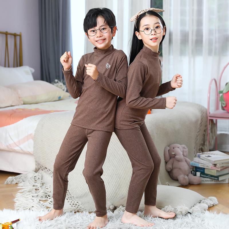 Children's Brushed Collar Underwear Set - Boys and Girls Warm Solid Color Autumn/Winter Pajamas