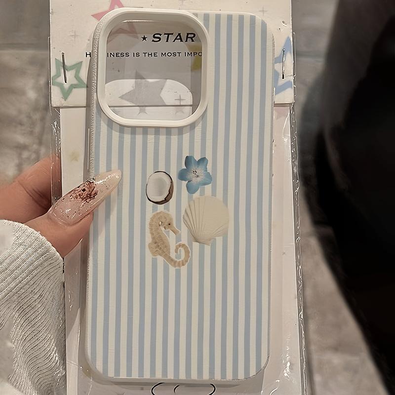 White Floral Blue & Pink Striped Lychee Texture Phone Case For iPhone 17 16 15 14 Plus 13 12 11 Pro Max 17 Air X XR XS Cover