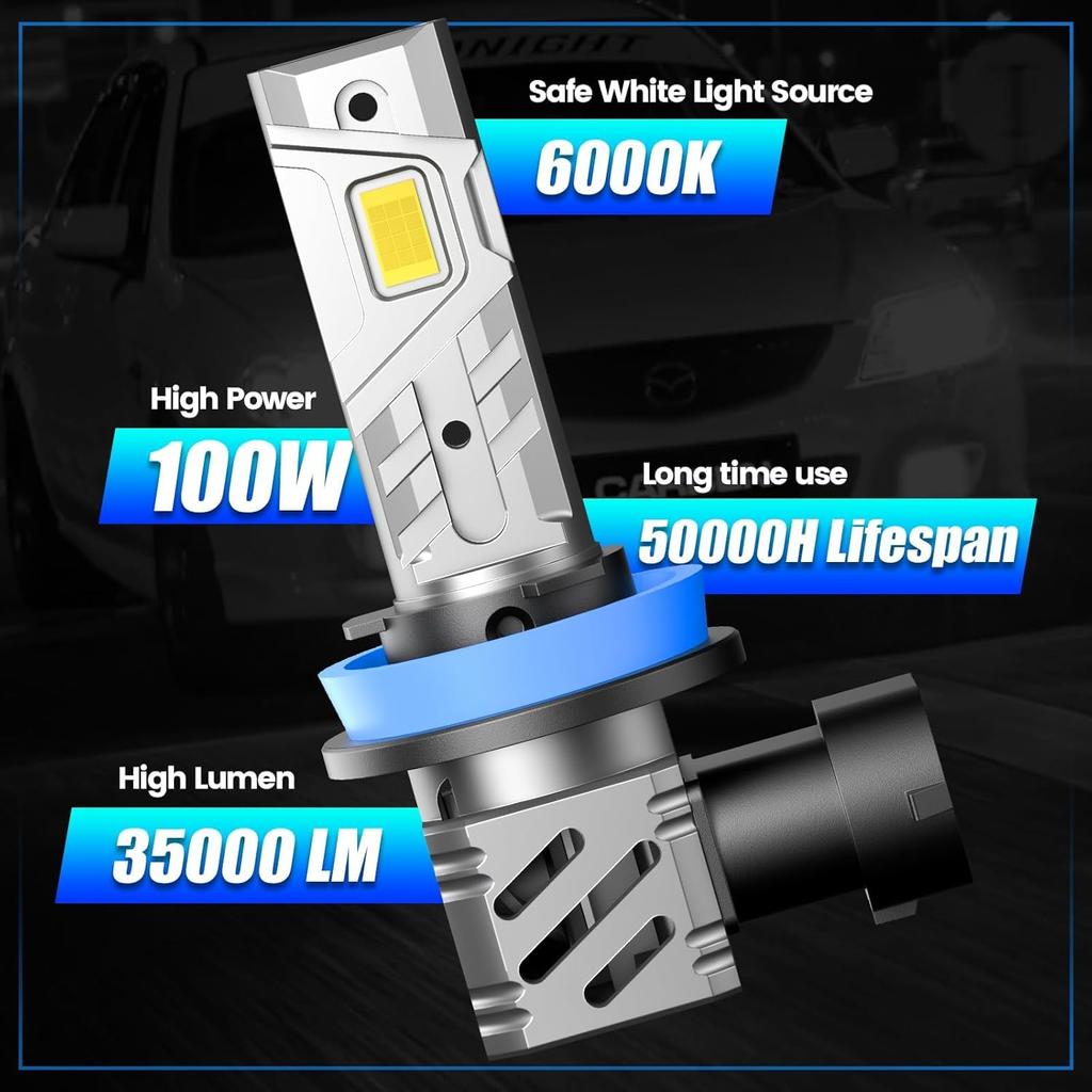 RCJ H11/H8/H9 Fog Bulbs, 1:1 Size 35000LM Brighter 6000K Cool White With 13000RPM Fan, Plug-N-Play, Pack Of 2