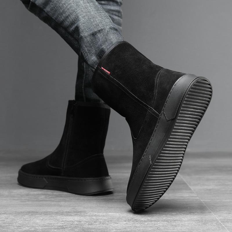 Men's Trendy Suede Cowhide Snow Boots: Warm High-Top Casual Cotton, Fashionable, Versatile Slip-On with Side Zipper