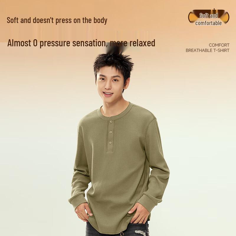 GENIOLAMODE Men's Waffle Texture Henley Long-Sleeve T-Shirt