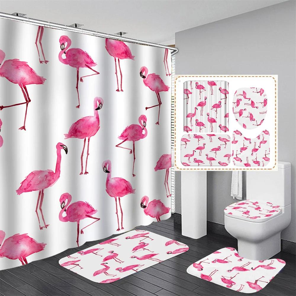 Pink Flamingo Tropical Leaves 3D Hd Shower Curtain Set Waterproof Polyester Bathroom Shower Curtain Set With Mat Non-Slip Rugs