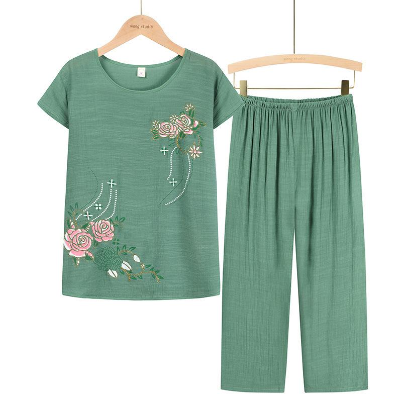 Women Summer Short Sleeved Suits Flower Printing Plus Size Pajamas Nightwear