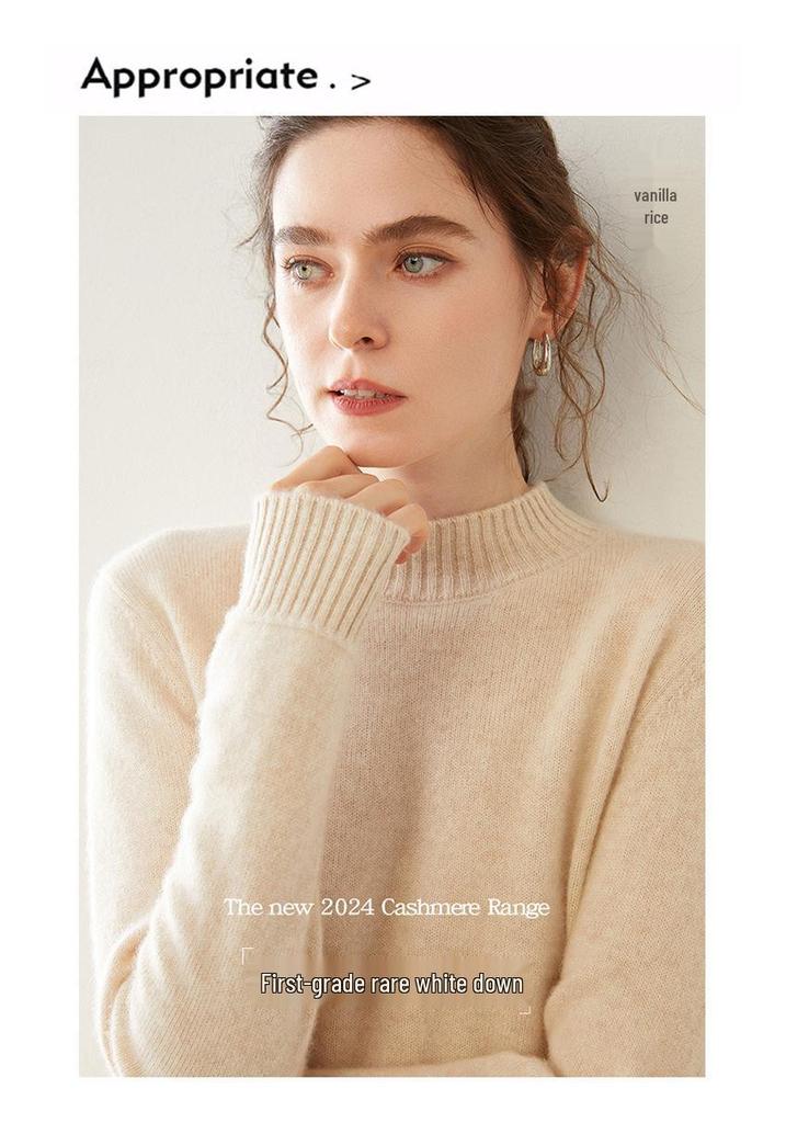 Women's Cashmere Half-High Collar Solid Color Pullover Sweater for Autumn/Winter - Loose, Thickened, Knit Base Layer