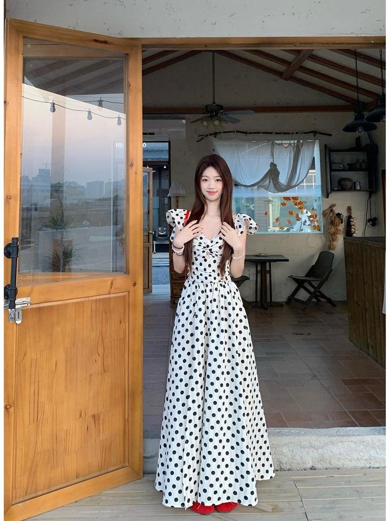 French Chic Polka Dot Summer Dress: Elegant Pleated Long Skirt with Slim Waist