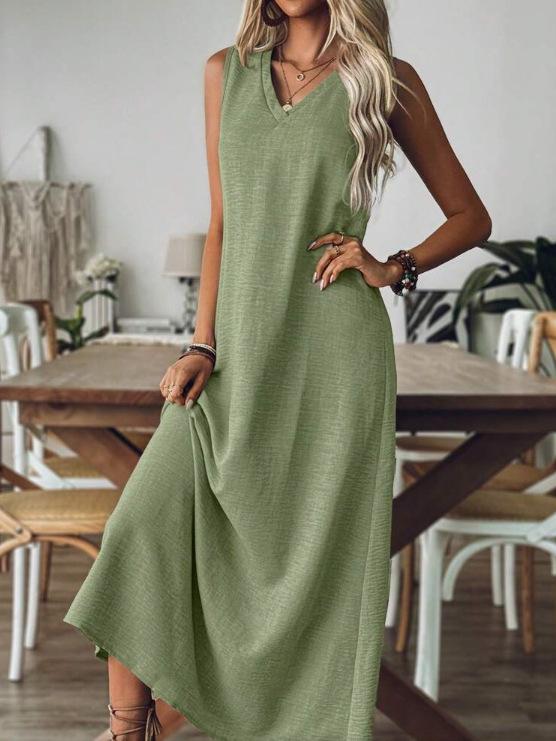 European Women's Sleeveless V-Neck Loose Summer Dress - Elegant & Fashionable