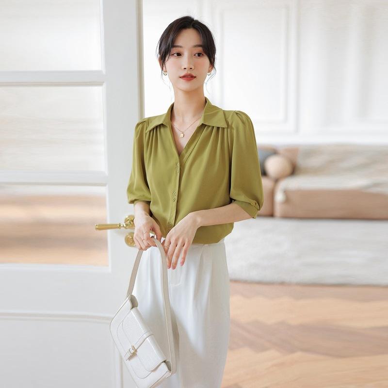 

Женская рубашка с короткими рукавами и воротником-поло, с v-образным вырезом и пышными рукавами, шикарная темпераментная профессиональная шифоновая рубашка со средним рукавом XL зелёный