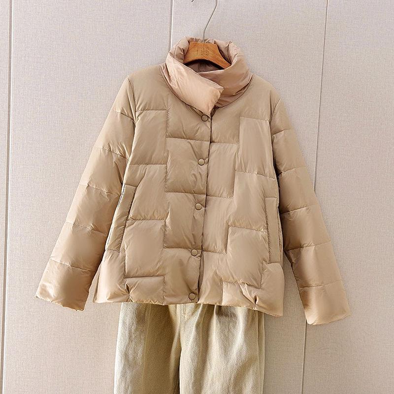 

Women s 2024 Korean Style Slim-fit Lightweight Down Jacket with Stand-up Collar and Wave Pattern Medium хаки