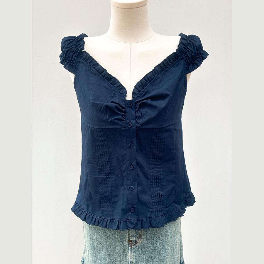 

Женский облегающий топ с оборками на воротнике и пуговицами, с короткими рукавами, весна/лето 2025 One Size темно-синий