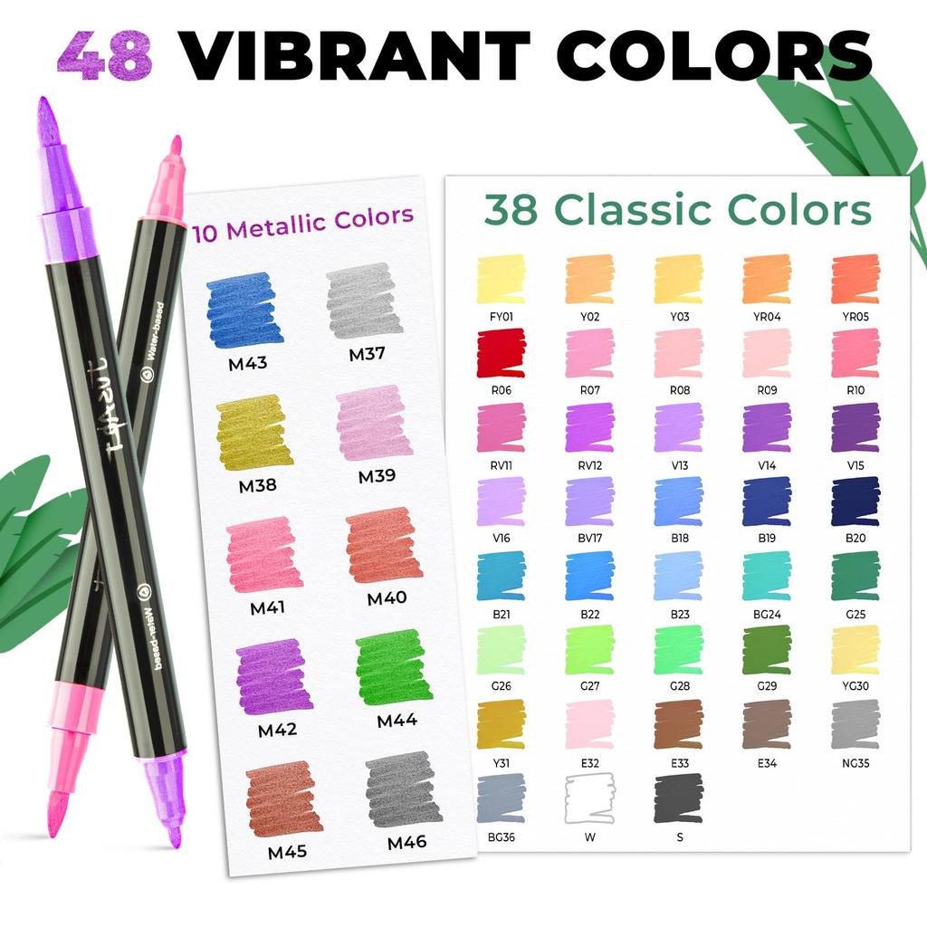 JusArt Acrylic Marker Paint Markers with Brush Tips Fine and Fine Acrylic Art Suitable for and Metallic Gift Idea Pens, 48-Color Set, (Both Tips),