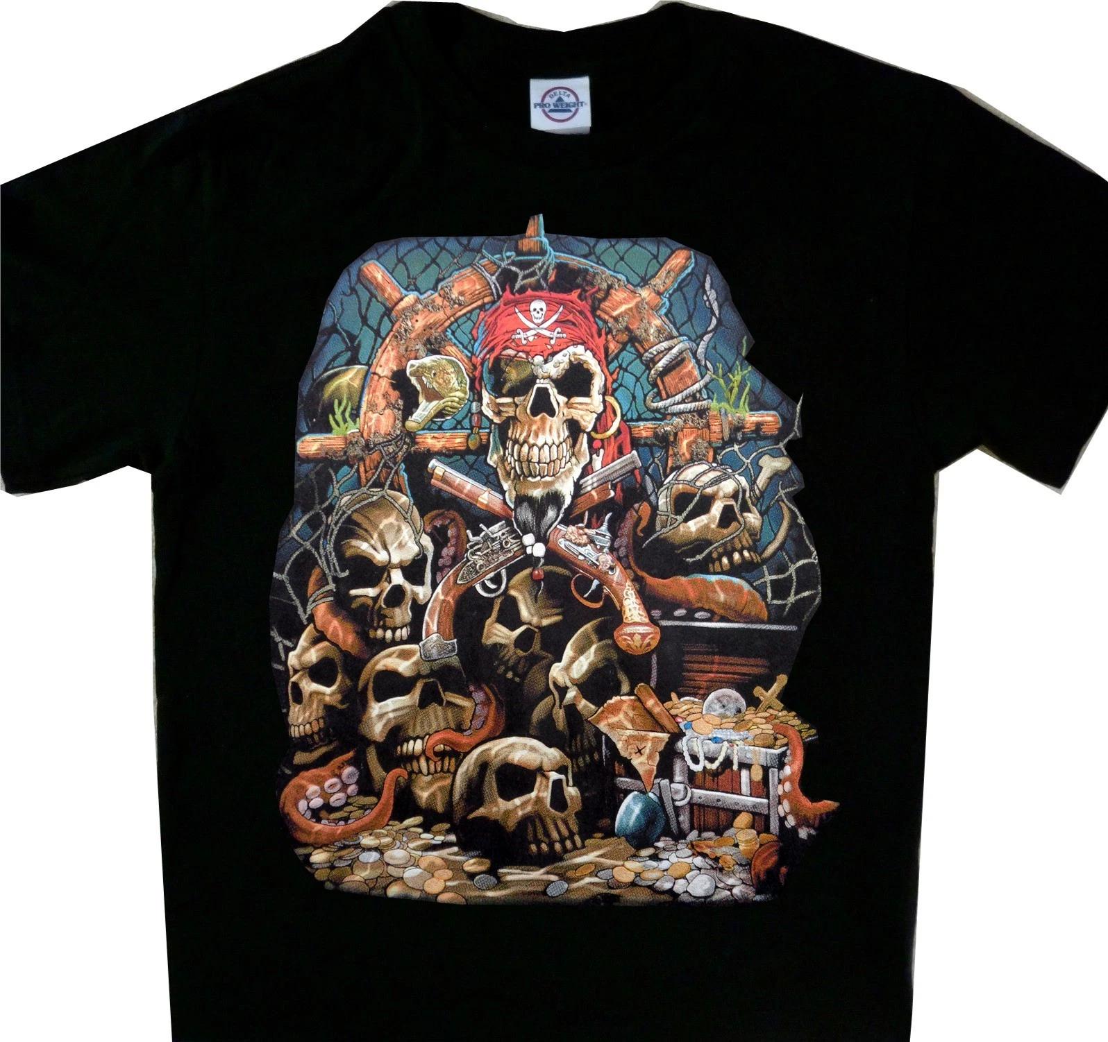 Pirate Tee Shirt Pirates Skulls Treasure Guns Black T shirt S