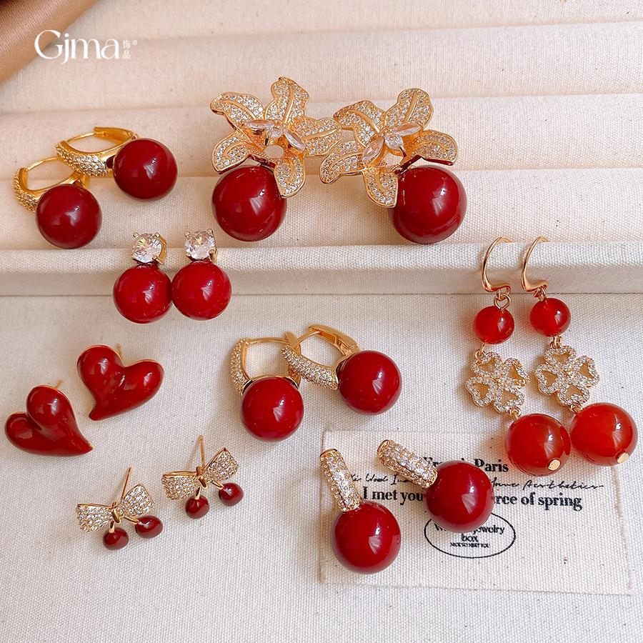 New Year's red zircon flower pendant earrings exquisite earrings earrings women