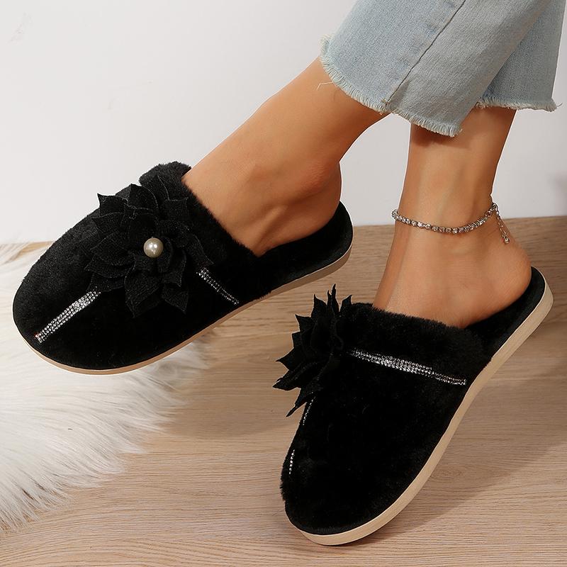 fashion Fashion Flower Decor Furry Slippers Women Crystal Warm Fur Home Cotton Shoes Woman 2024 Winter Comfort Soft Sole Plush Slides