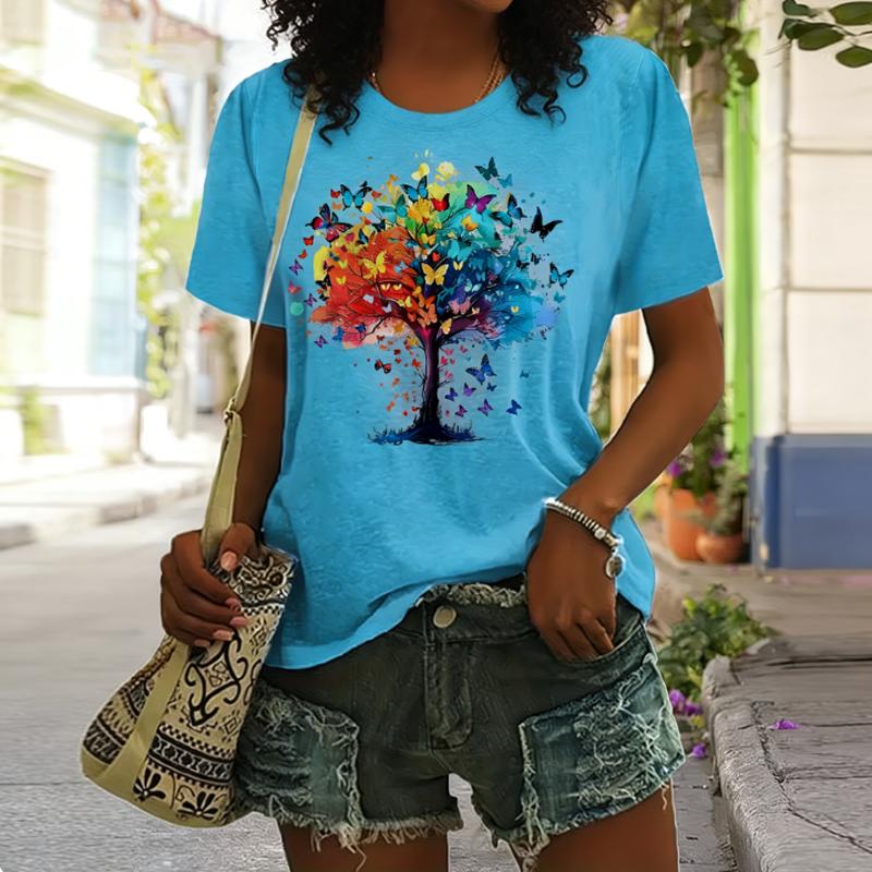 Lady CLothes Crew Neck Short Sleeve Watercolor StyleColorful Butterfly Tree Print T Shirt Women's Outfits Casual Daily Wear