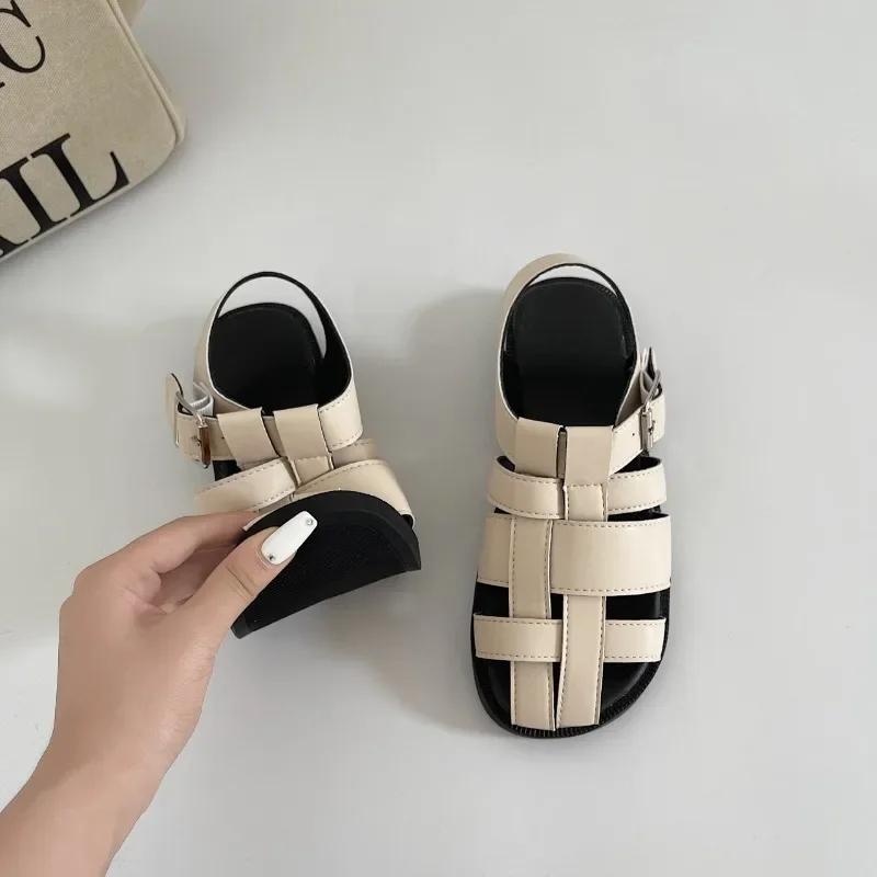 Roman Sandals Female 2024 Summer Retro Flat Bottom Baotou Casual Shoes Hollow Woven Low Heel Sandales Zapatos Para Mujeres