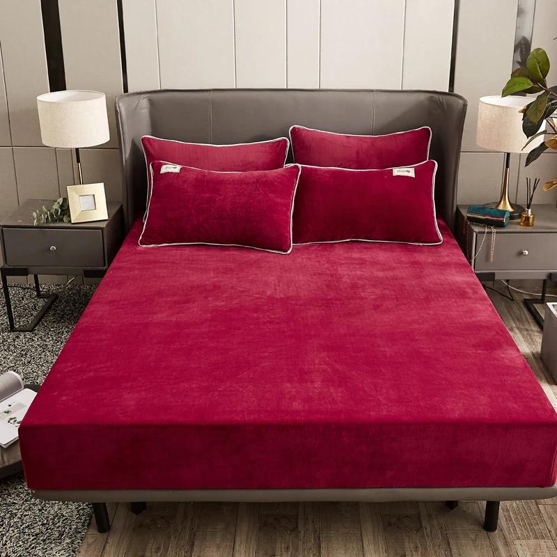Winter Plush Fitted Sheet Elastic Double Bed Sheet Warm Bedspread Solid Color Mattress Cover Bed Linen Protector (No Pillowcase)
