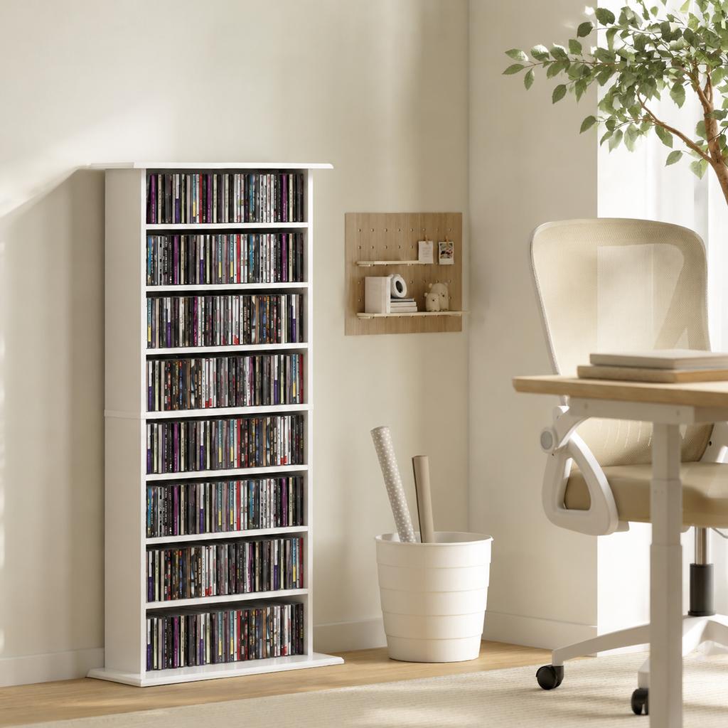 Narrow Media Cabinet, 8 Levels, 6 Adjustable Shelves, 8 Compartments, for 360 CDs, White
