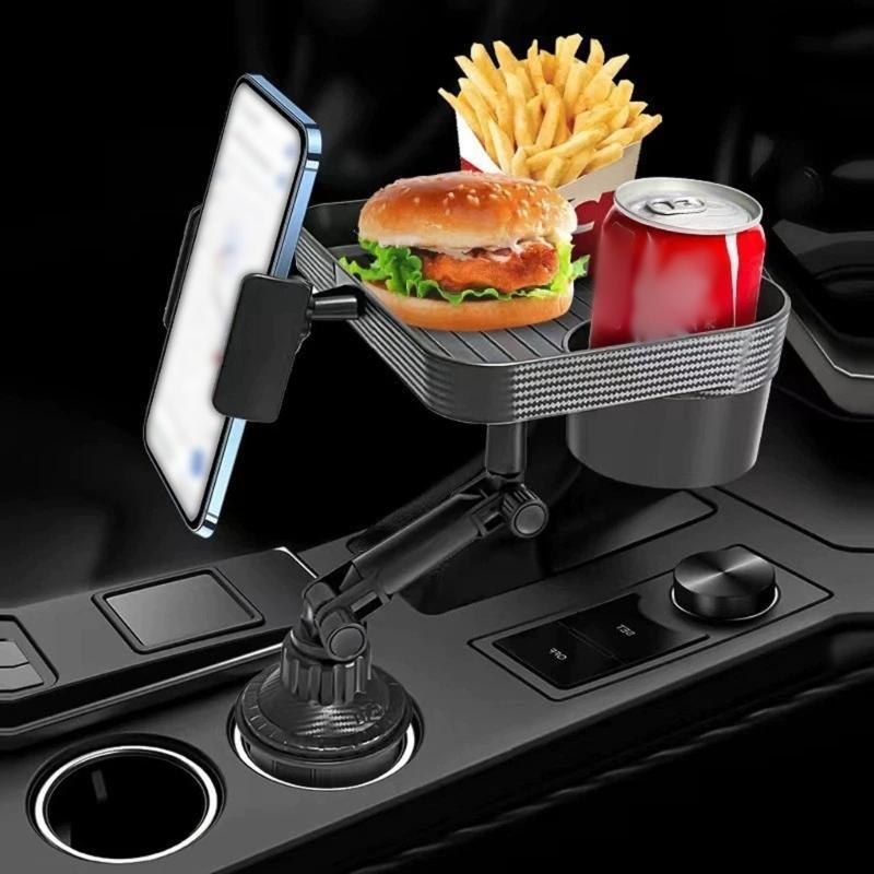 Universelles Fahrzeugzubehör mit integrierter Handyhalterung, drehbarem Getränkehalter und Ablagefach für bequeme Navigation