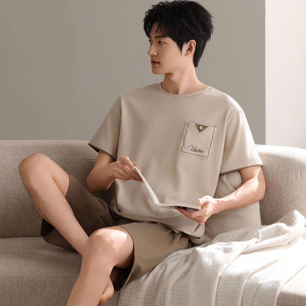 Pajamas Men's Summer Cotton Short Sleeve Shorts Thin Solid Color Teen Large Size Sports Can Wear Dad's Loungewear
