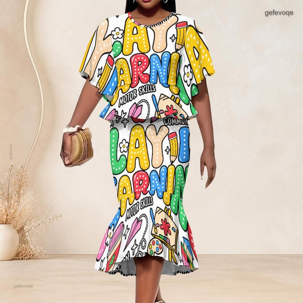 Women Plus Size Red Printed Two Piece Set Round Neck Batwing Sleeve Ruffle Hem Top Fishtail Skirt