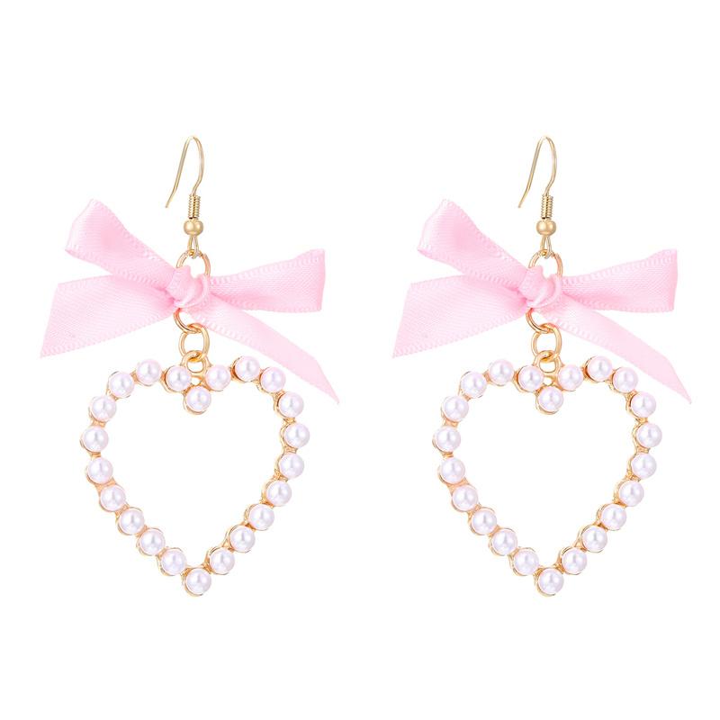 Fashion Sweet Love Heart Bowknot Pendant Hoop Earrings Harajuku Y2k Ribbon Bow Pearl Earings For Women Zircon