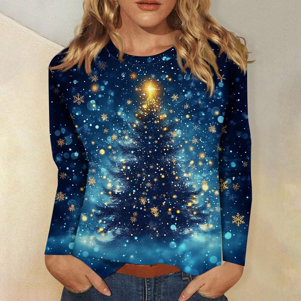 3D Christmas Snowflake Gradient Print Round Neck Long Sleeve T-shirt Casual Long Sleeve Top Party Loose Women's Top