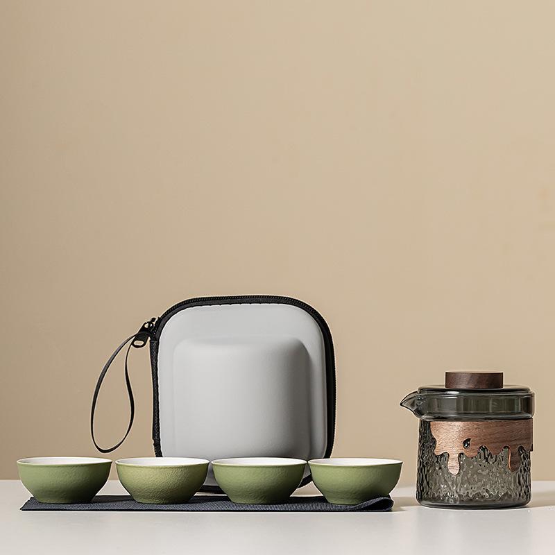 Set de ceai de călătorie, 1 ceainic și 4 căni, ceainic și ceașcă de ceai portabil pentru camping în aer liber cu pungă, seturi de ceai, instrumente de preparare a ceaiului de uz casnic