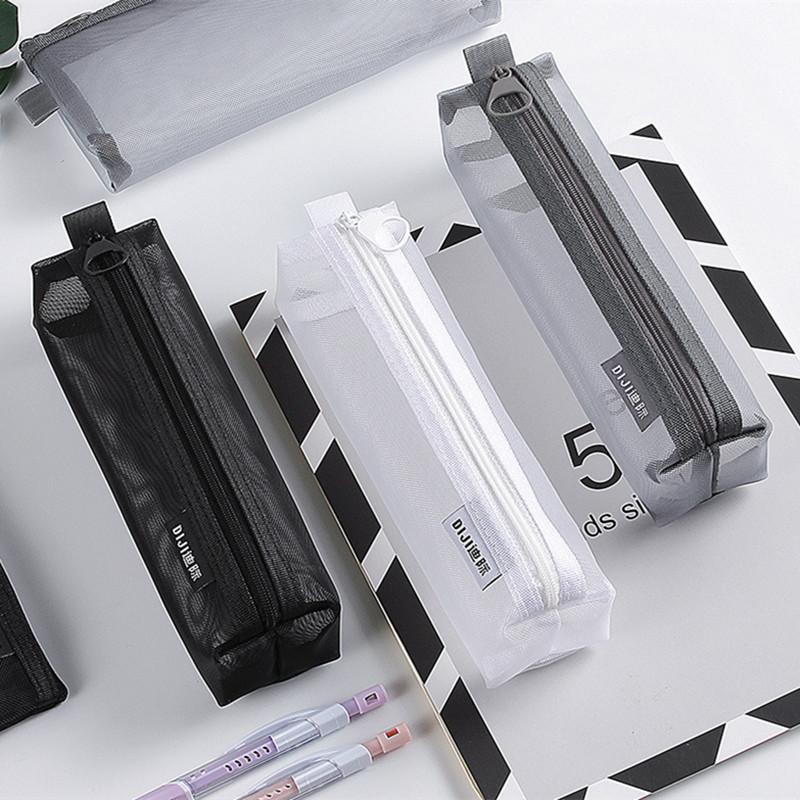 1PC Makeup Bags Case White Gray Black Large Capacity Mash Transparent Cosmetic Brush Bags Students Long Style Nylon Pencil Case