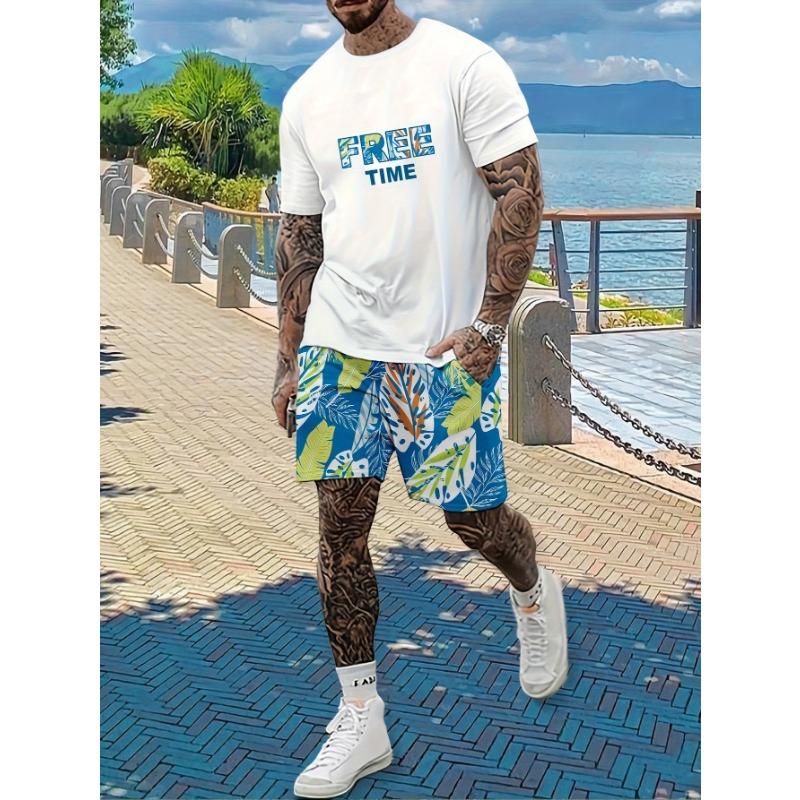 

Men s Two-piece Sports Suit Short Sleeved T-shirt and Shorts Beach Vacation Print XL