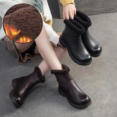 Botas Curtas Quentes de Pelúcia Retrô Couro Genuíno Bico Redondo Salto Grosso Sapatos Femininos