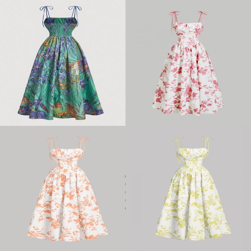 Vintage Flower Print Sleeveless A Line Dress With High Waist For Casual Summer Wear