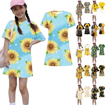 Girls Print Casual Dress Kids Loose Round Neck Short Sleeve Thin Sundress