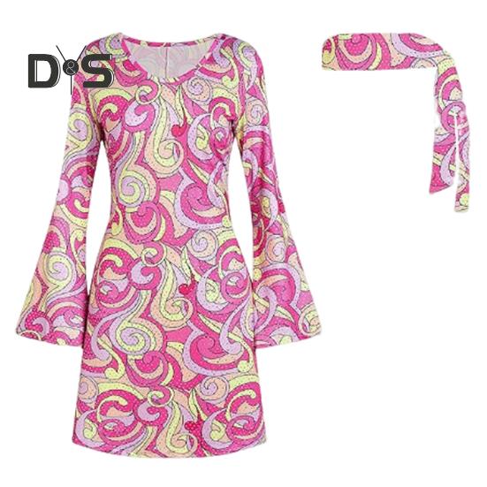 1 set da donna, fascia per capelli, retro, con paillettes, maniche a campana, vestibilità ampia, stampato, per Halloween, cosplay, hippie, discoteca, festa, abito da sera abbronzante
