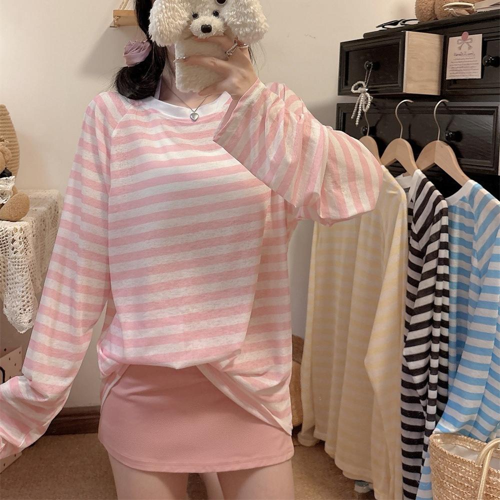 Summer Colorful Stripes Long Sleeve T-shirts Women's Casual Loose Thin Slightly Transparent Sun Protection Cover Tops T Shirt