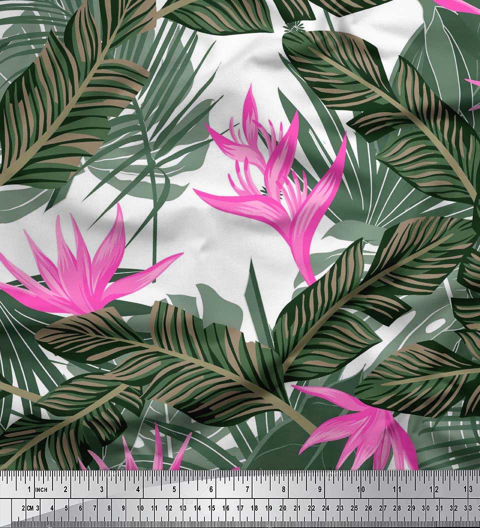 

Японська креп-атласна тканина Soimoi з принтами на тропічній тканині з квітами та листям на метр 42 дюйми 42 Inch Wide - Poly Crepe білий