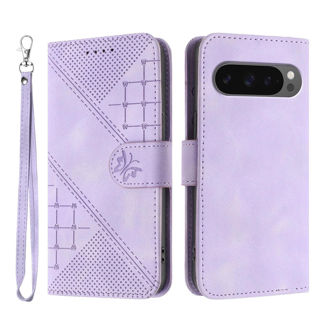 For Google Pixel 9 Pro XL/Google Pixel 10 Pro XL Leather Wallet Case Butterfly Flower Imprinted Phone Cover with Strap