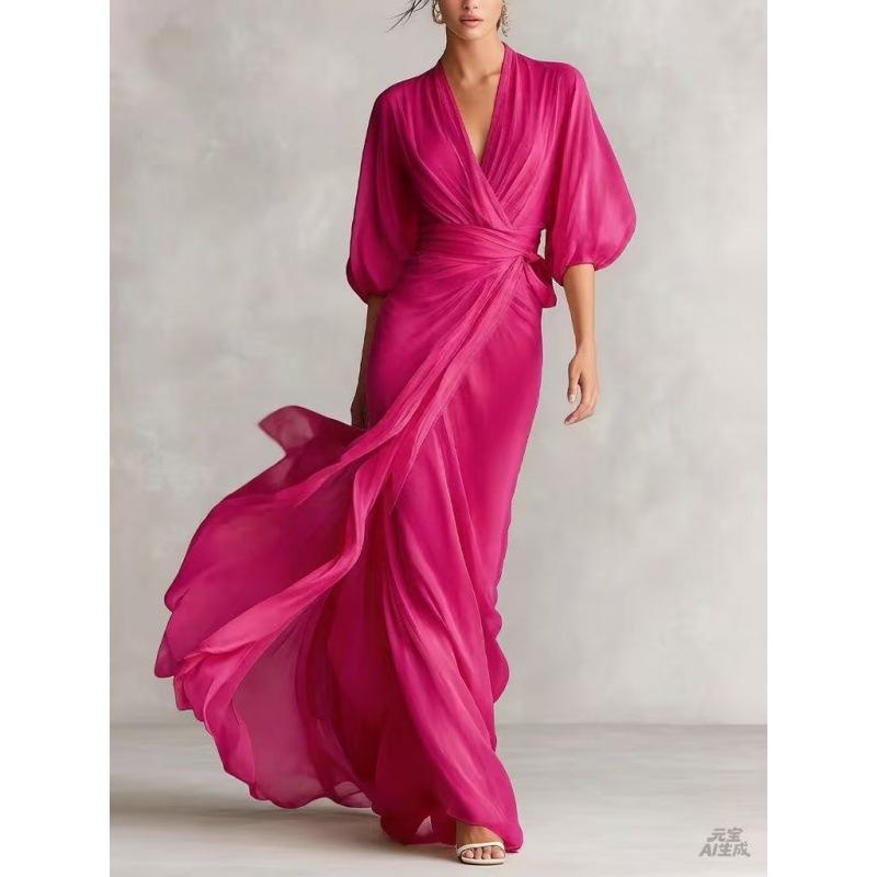 2026 European and American Socialites Deep V-neck Shoulder Lantern Sleeves Waist Long Dress Romantic Autumn Banquet