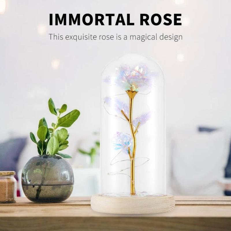 Galaxy Rose Lamp with Butterfly & Colorful LED Lights Artificial Rose in Glass Dome Battery Powered Romantic Gift for Wedding Home Decor