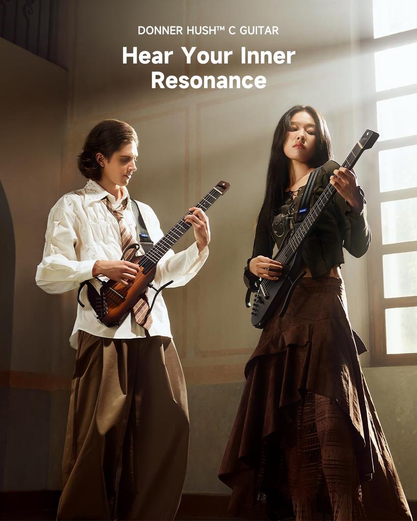 Donner HUSH C Classical Guitar, Nylon String, Electric Guitar, Headless, with Earphone Output and Built-in Tuner, Black