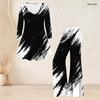 Women Plus Size Two Piece Set V Neck Long Sleeve Black White Printed Flared Top Flared Pants