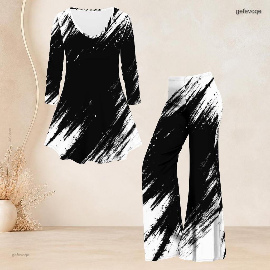 Women Plus Size Two Piece Set V Neck Long Sleeve Black White Printed Flared Top Flared Pants