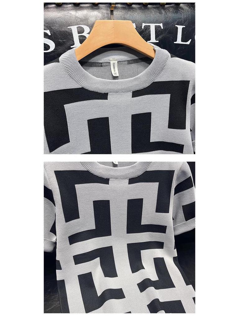 Herren Geometrisches Muster Slim Casual Kurzarm Strick-T-Shirt für Frühling & Herbst