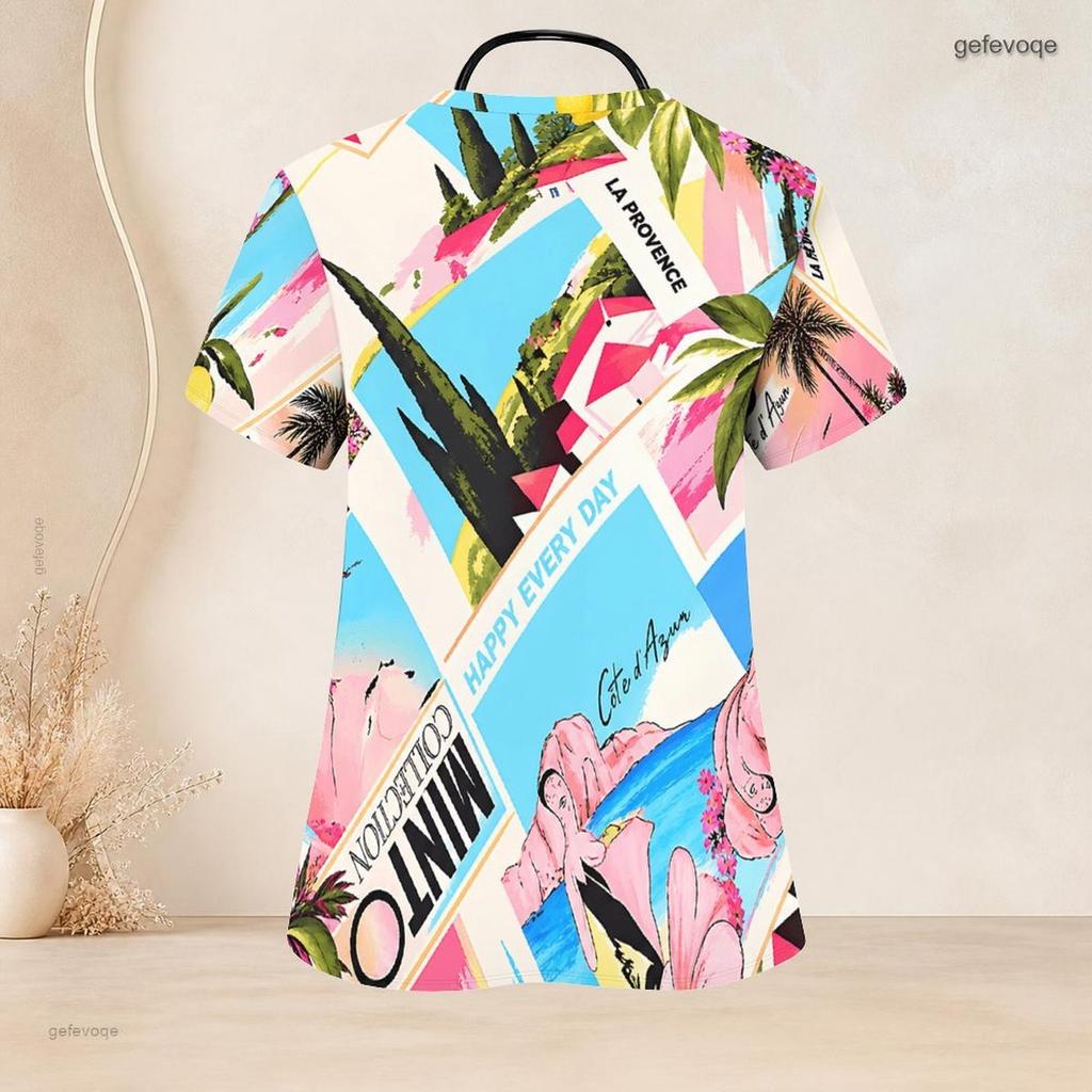 Women Plus Size Printed Nurse Scrub Top V Neck Short Sleeve With Front Pockets