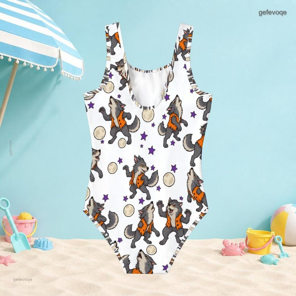 Girls Sleeveless Scoop Neck Wide Straps One Piece Swimsuit Cartoon Wolf Printed White
